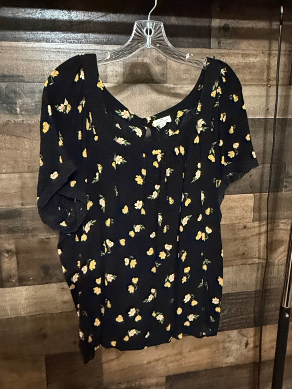 Mason and Belle Black Floral Scoop Neck Blouse with Yellow Accent